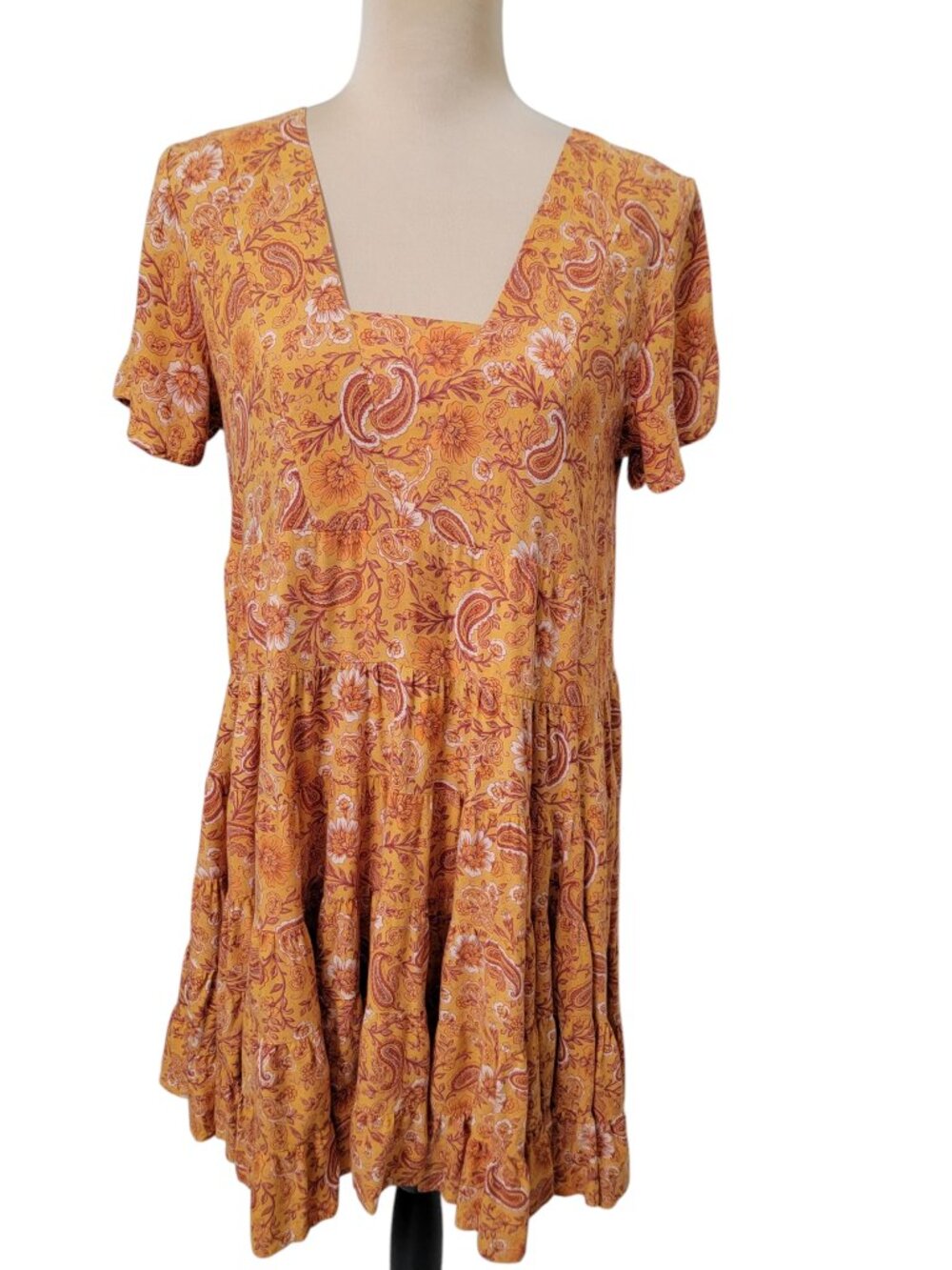 Patrons of Peace Size M Orange Yellow Floral Paisley Boho Tiered Dress